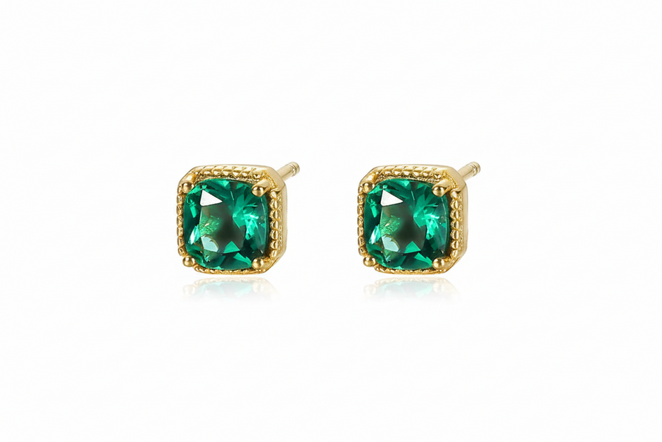 Boucles puces carré argent massif doré & zirconium