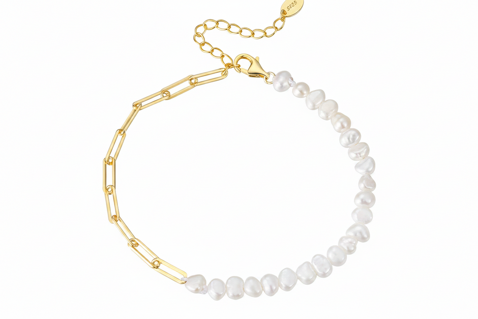 Bracelet bi matière en argent massif doré à l'or fin et perles naturelles d'eau douce plates