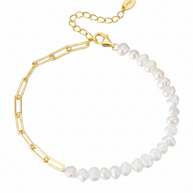 Bracelet bi matière en argent massif doré à l'or fin et perles naturelles d'eau douce plates
