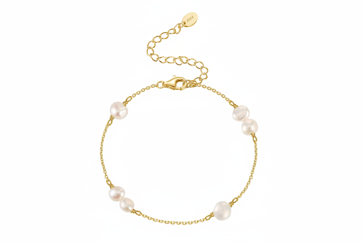 Bracelet minimaliste argent massif 925 millièmes doré à l'or fin et perles naturelles