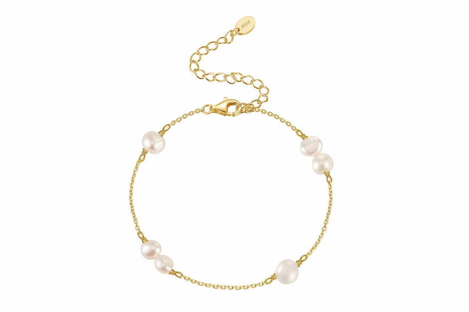 Bracelet minimaliste argent massif 925 millièmes doré à l'or fin et perles naturelles