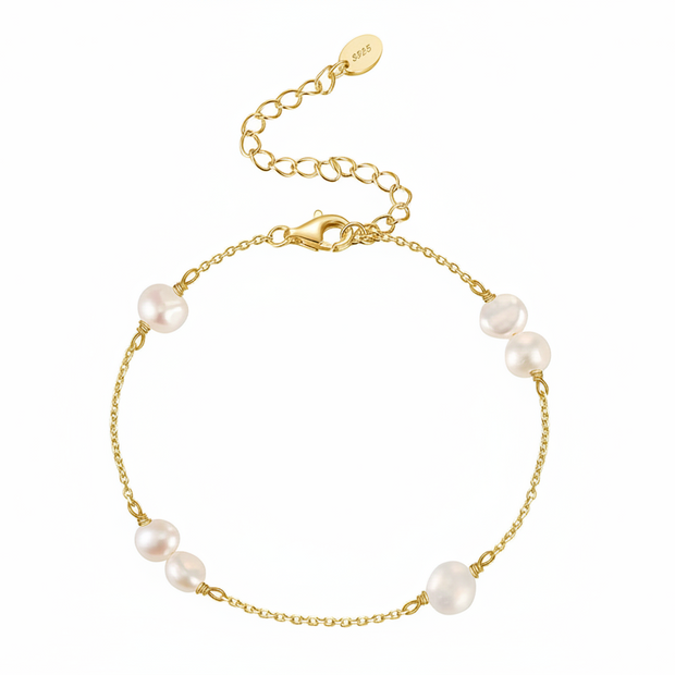 Bracelet minimaliste argent massif 925 millièmes doré à l'or fin et perles naturelles