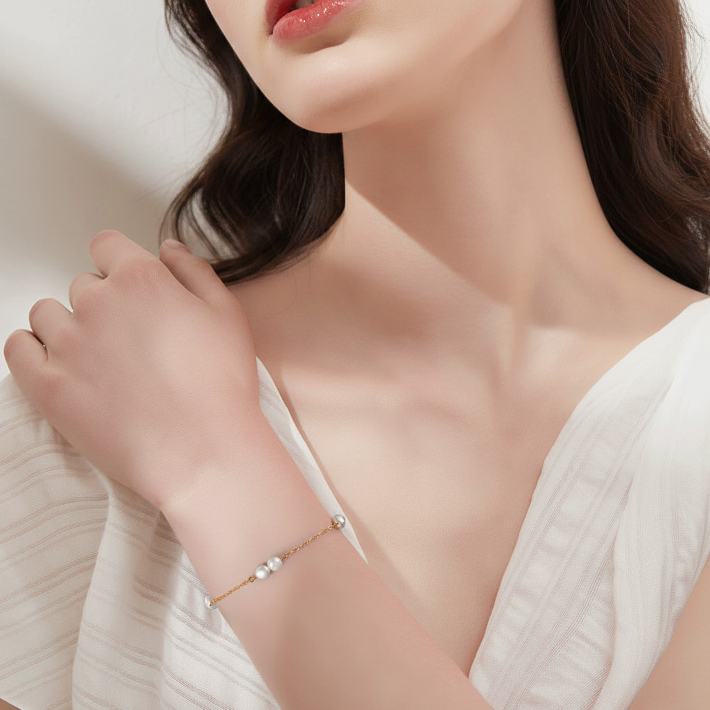 Bracelet minimaliste argent massif 925 millièmes doré à l'or fin et perles naturelles