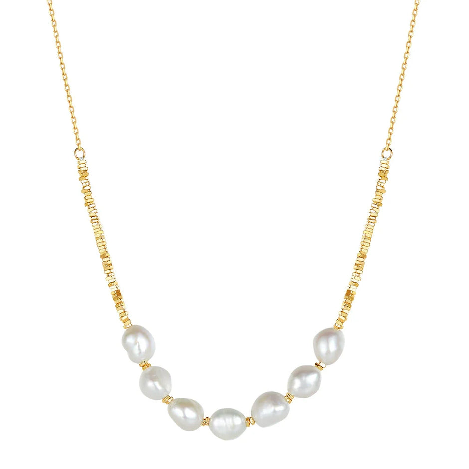 Collier géométrique argent massif doré & perles naturelles