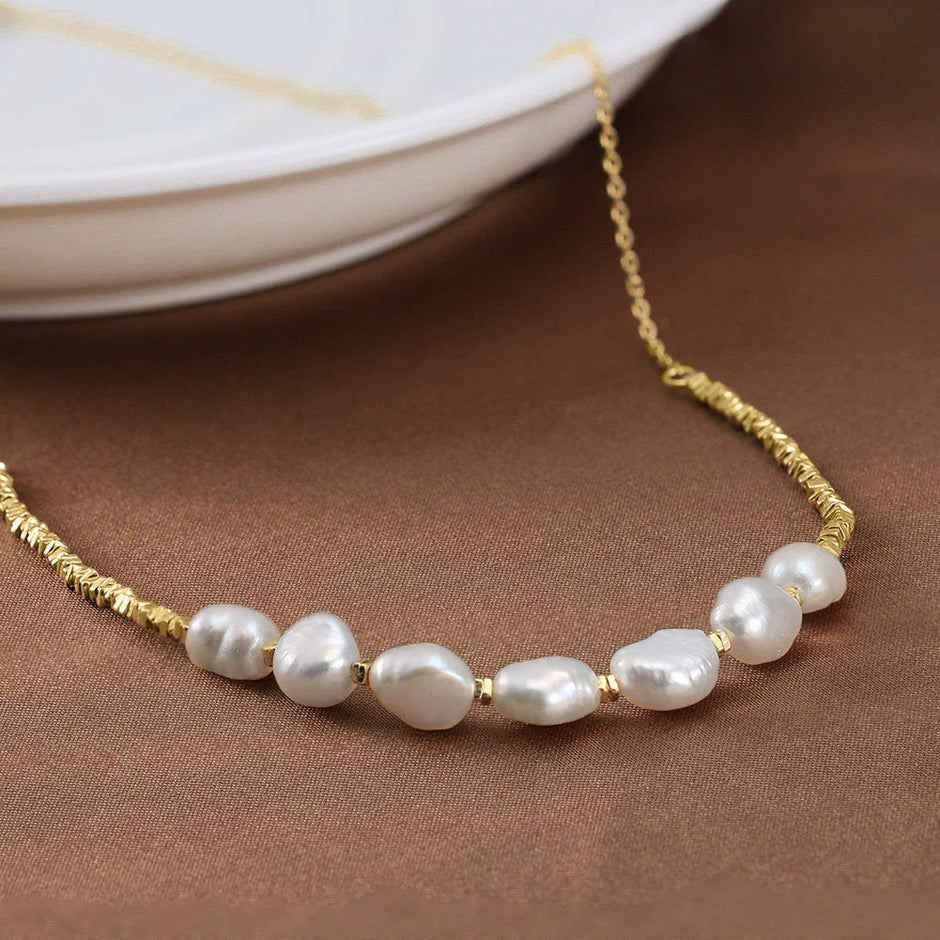 Collier géométrique argent massif doré & perles naturelles
