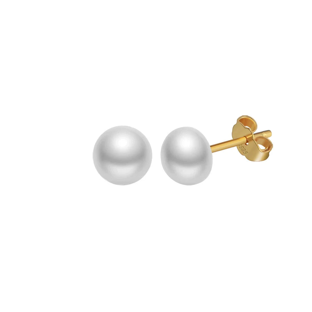 Boucles d'oreilles puces argent massif doré & perle naturelle solitaire 5.5 mm