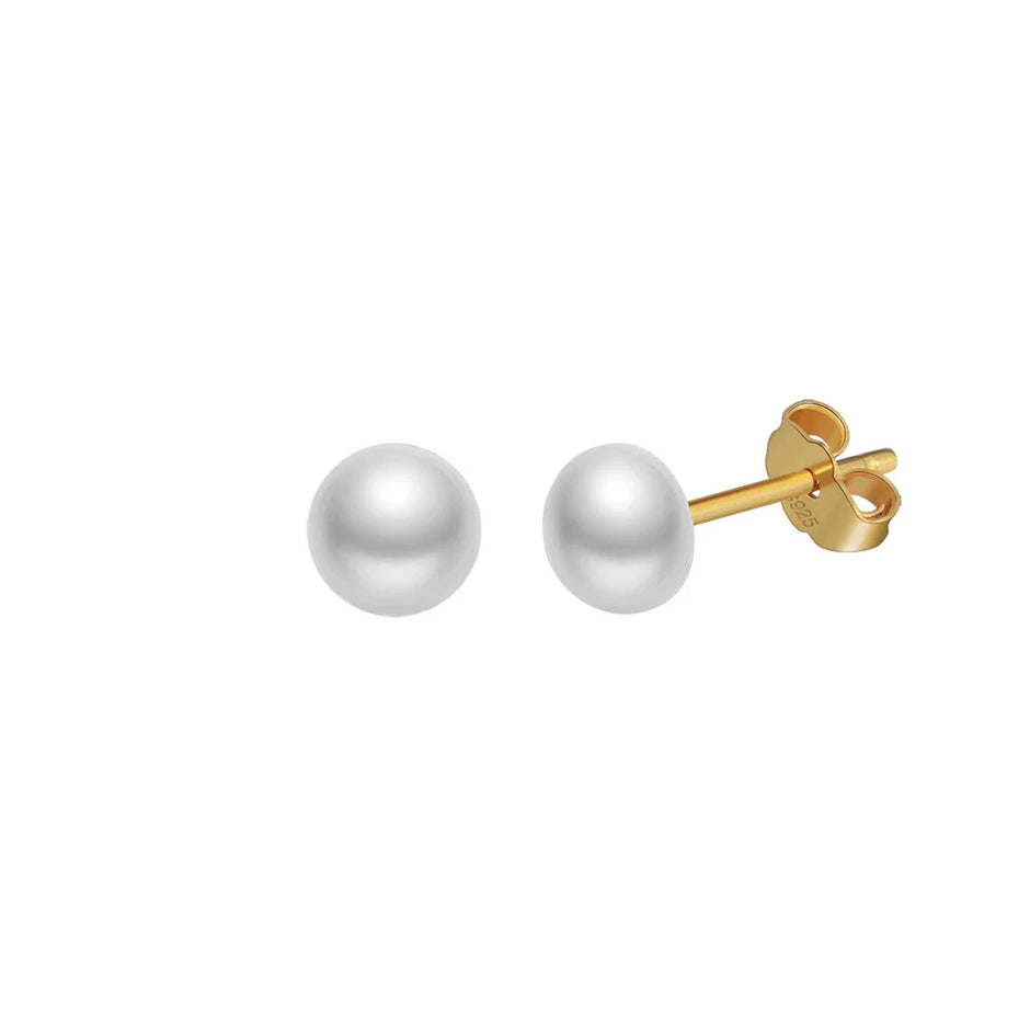 Boucles d'oreilles puces argent massif doré & perle naturelle solitaire 4.5 mm