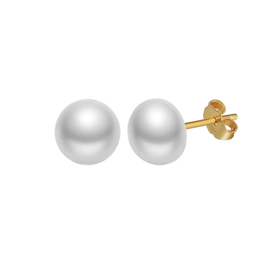Boucles d'oreilles puces argent massif doré & perle naturelle solitaire 6.5 mm