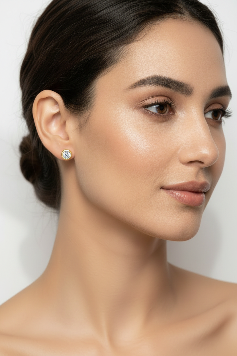 Boucles d'oreilles puces solitaire argent massif doré à l'or fin et moissanites sertis clos