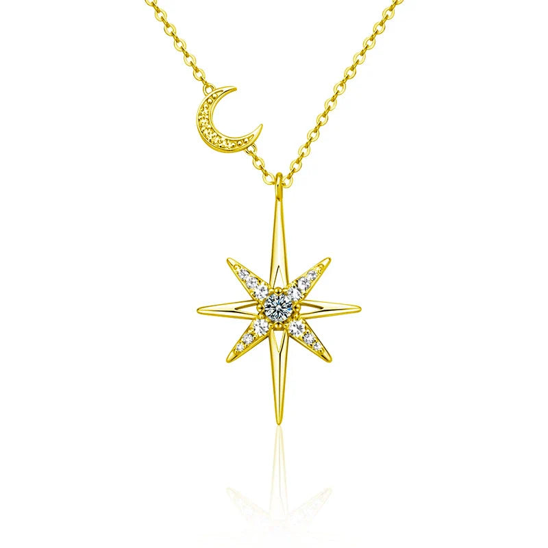 Collier Star pendentif étoile et lune en argent massif doré et moissanites