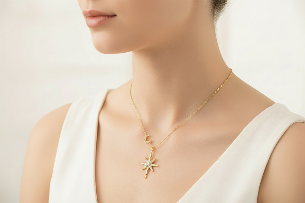 Collier Star pendentif étoile et lune en argent massif doré et moissanites