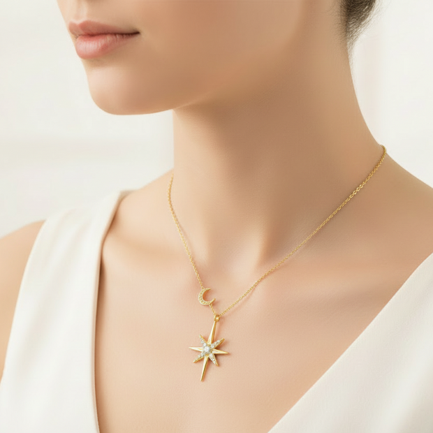 Collier Star pendentif étoile et lune en argent massif doré et moissanites