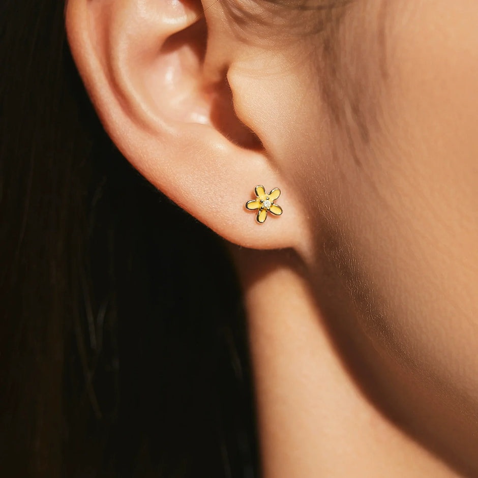 Boucles puces minimaliste Fleur de couleur & zirconium argent massif rhodié