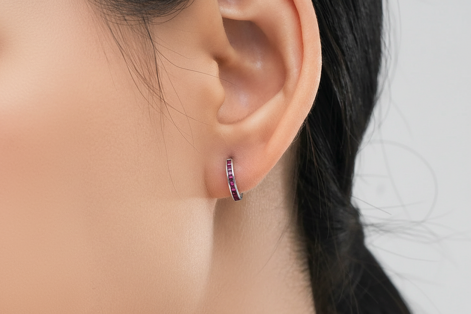 Boucles d'oreilles mini créoles argent massif rhodié & zirconium rose