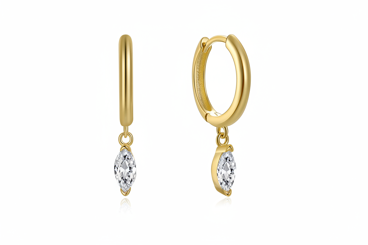 Boucles d'oreilles créoles en argent massif doré à l'or fin et zirconium, design géométrique