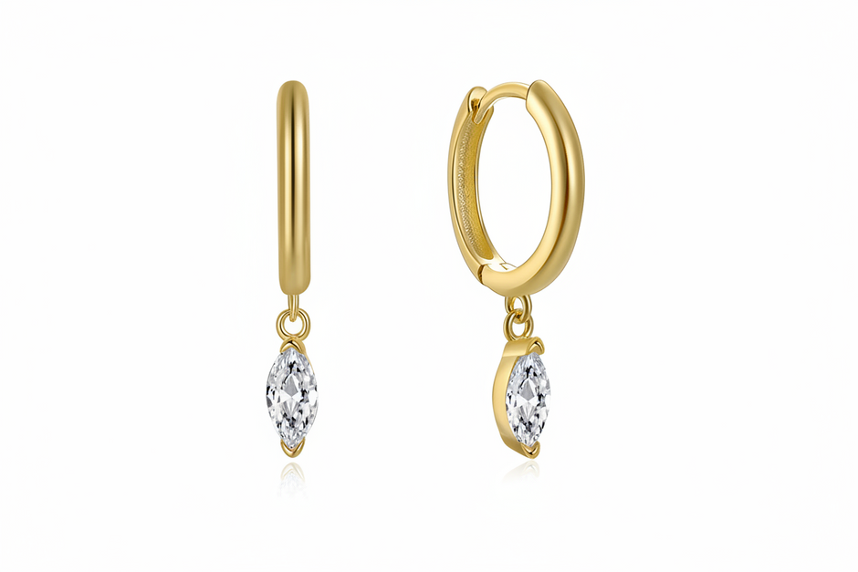 Boucles d'oreilles créoles en argent massif doré à l'or fin et zirconium, design géométrique