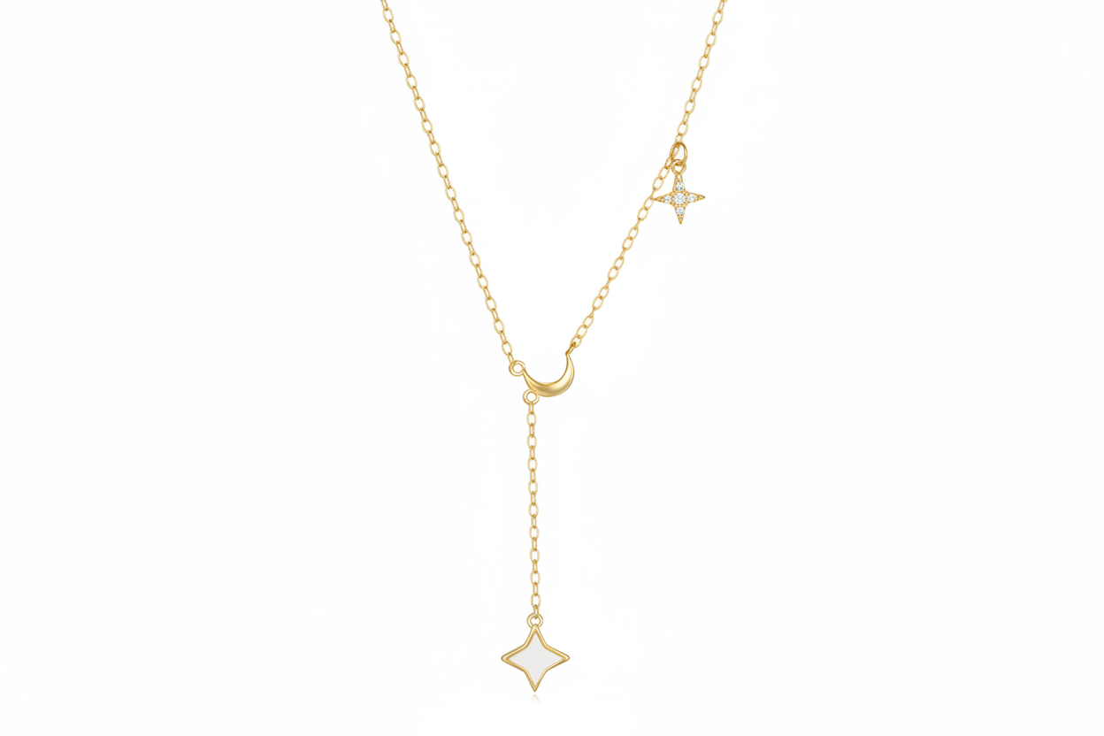 Collier goutte moon and star argent massif doré à l'or fin et zirconium