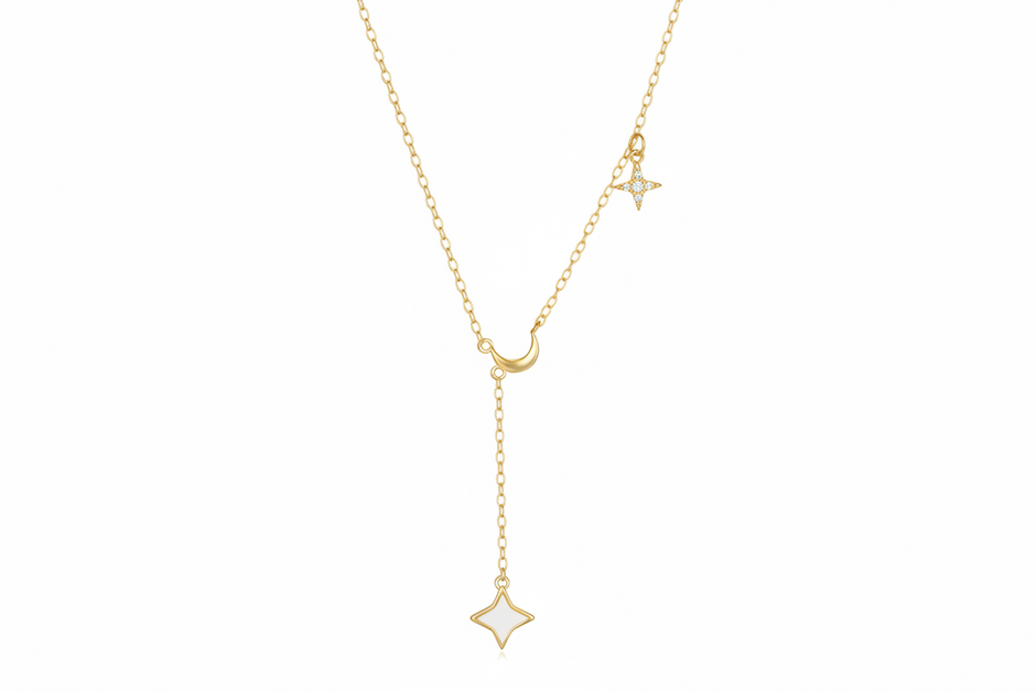 Collier goutte moon and star argent massif doré à l'or fin et zirconium