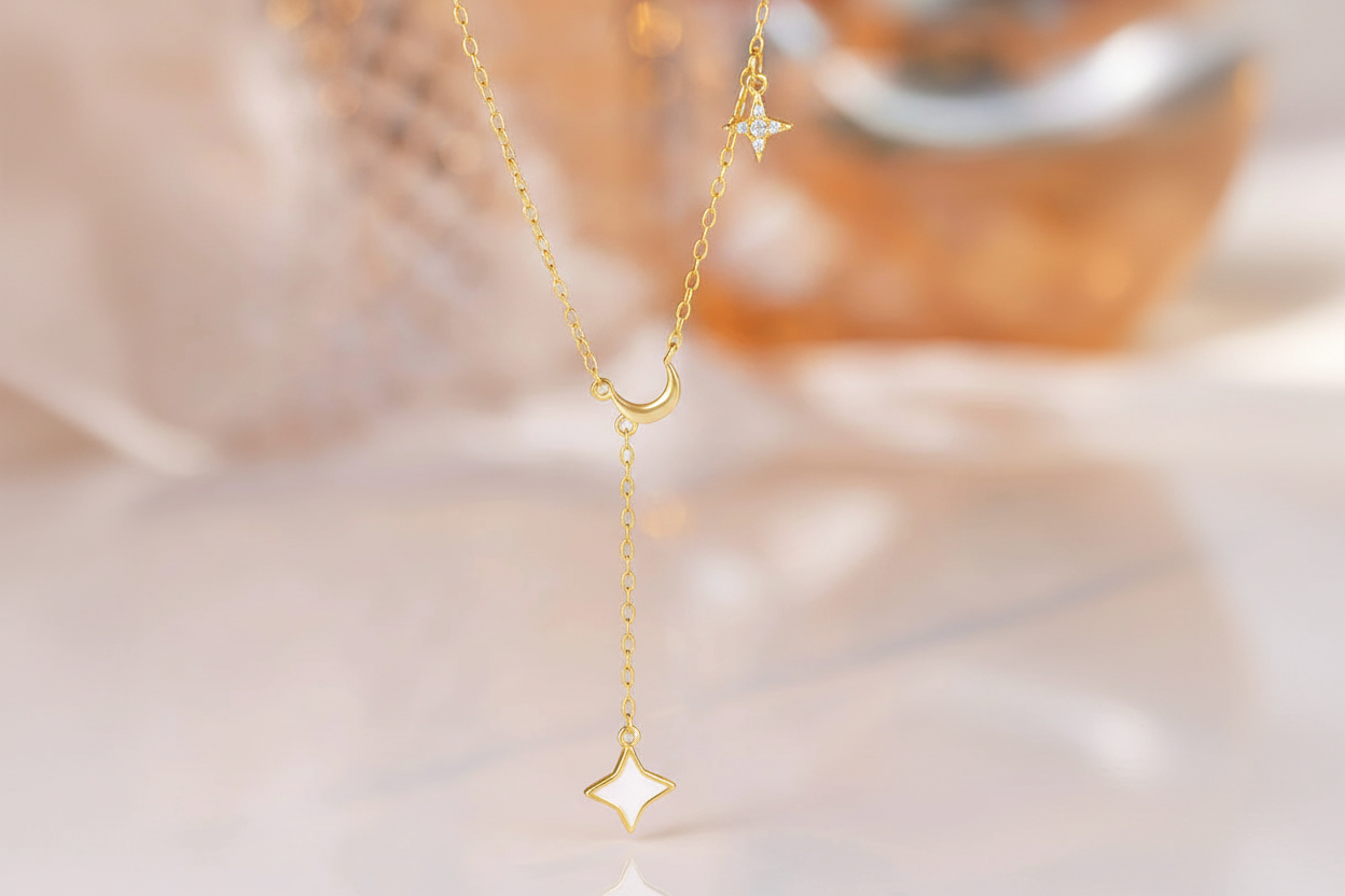 Collier goutte moon and star argent massif doré à l'or fin et zirconium