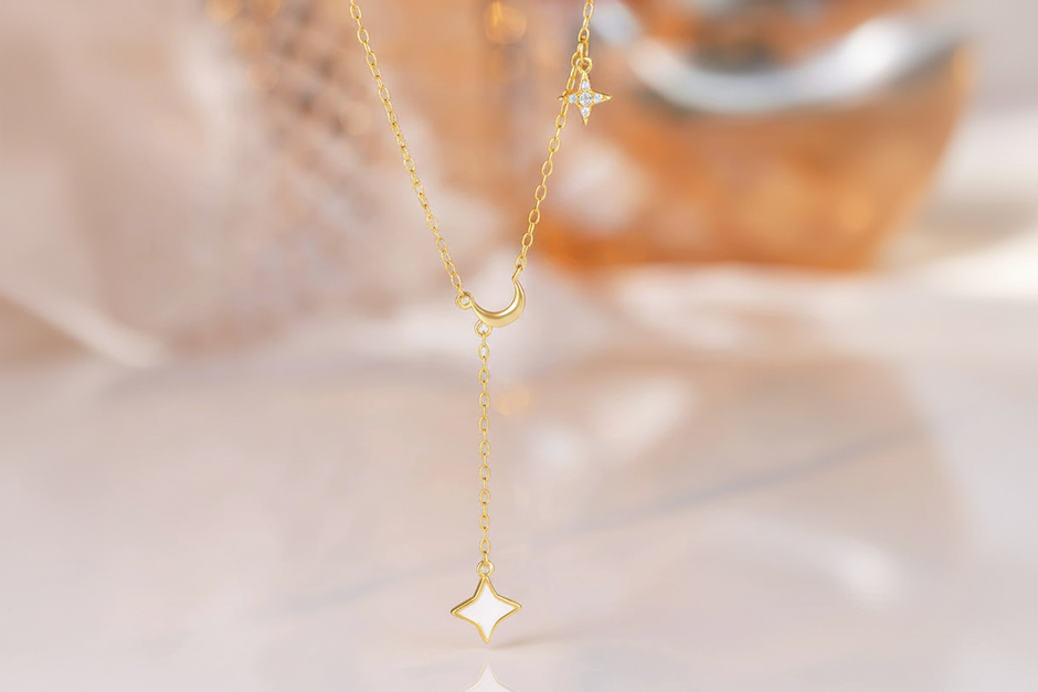 Collier goutte moon and star argent massif doré à l'or fin et zirconium
