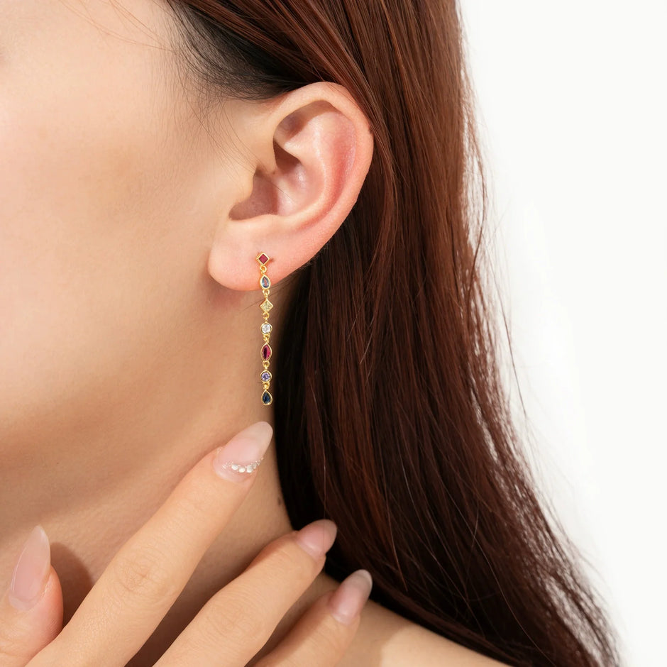 Boucles d'oreilles longues à pampilles argent massif doré & zirconiums