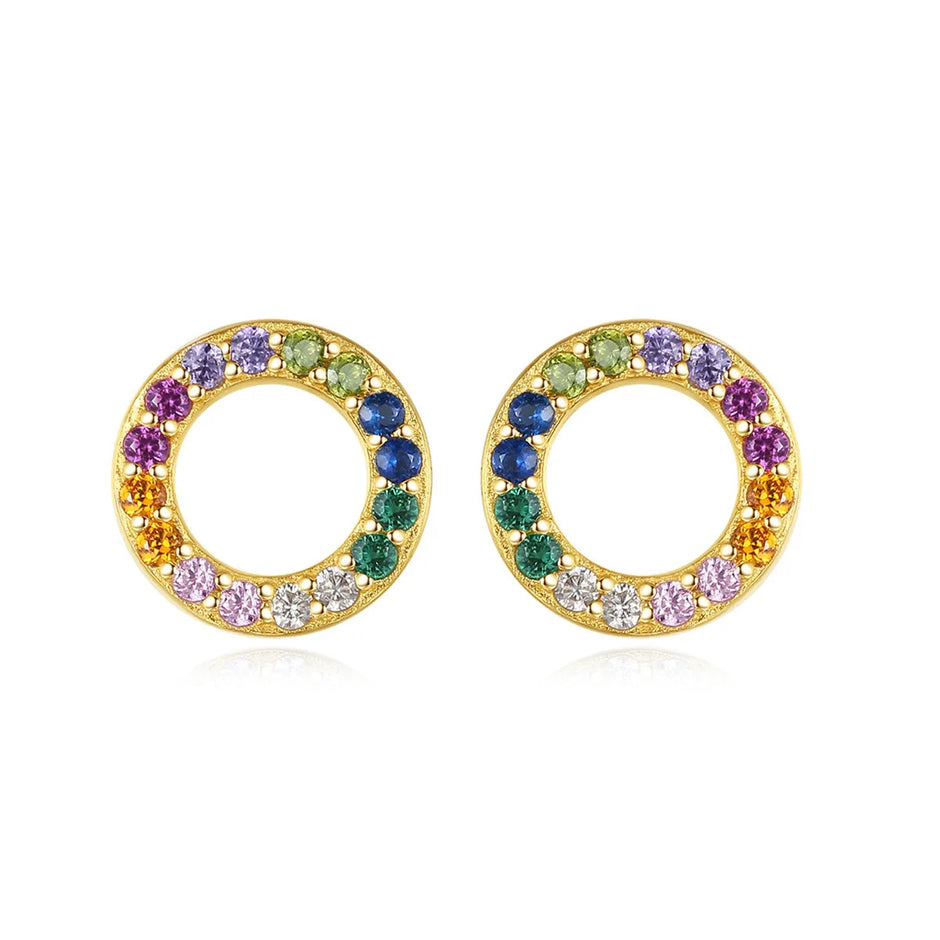 Boucles d'oreilles puces cercle arc en ciel argent massif doré