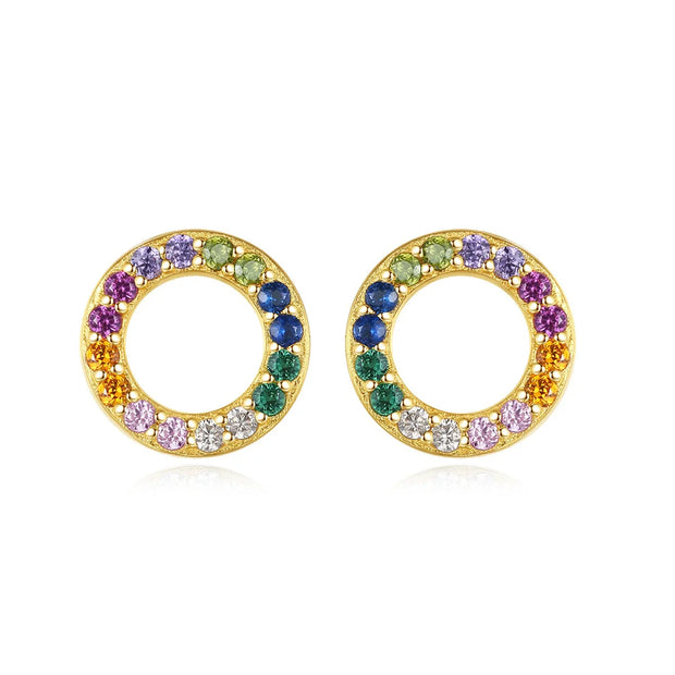 Boucles d'oreilles puces cercle arc en ciel argent massif doré