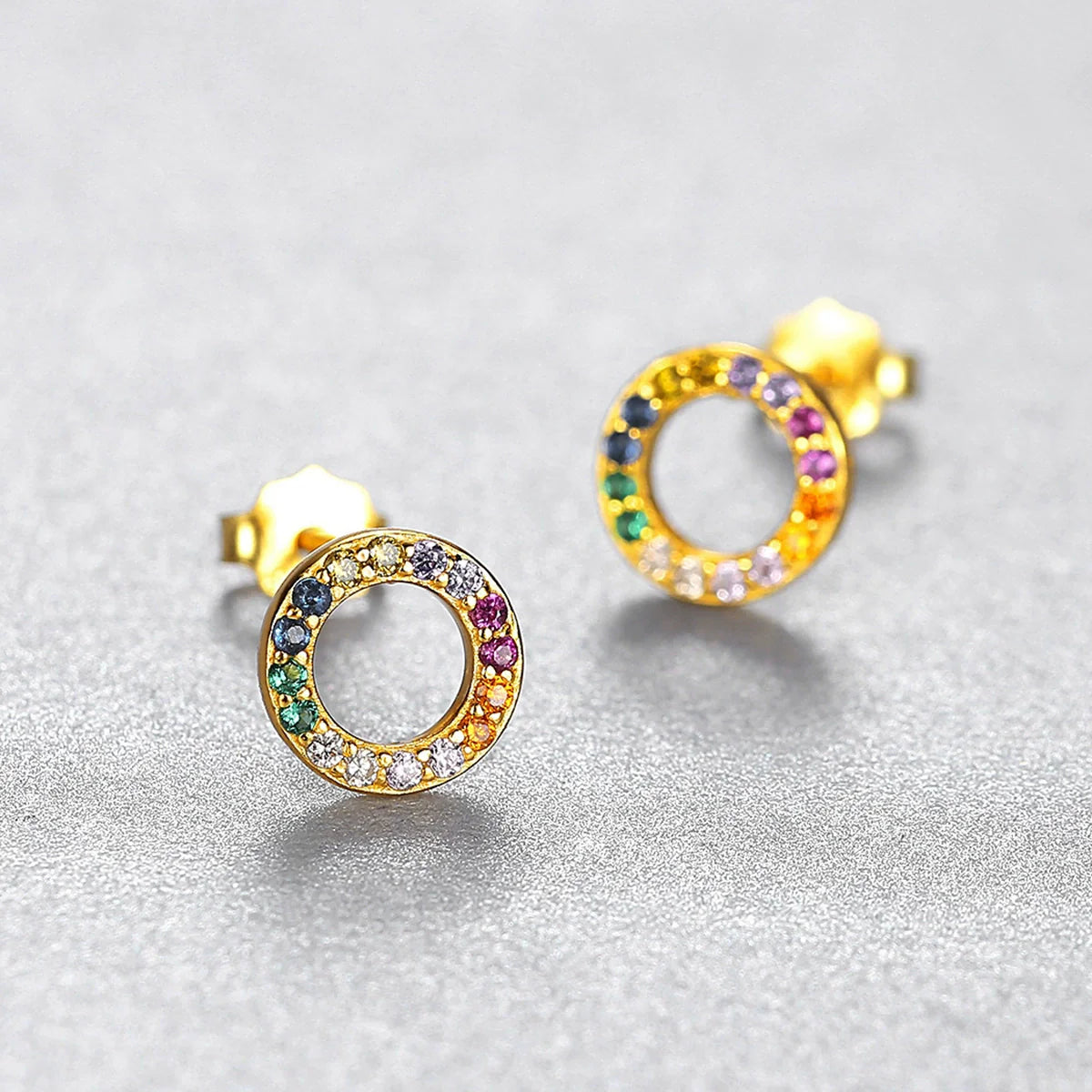 Boucles d'oreilles puces cercle arc en ciel argent massif doré