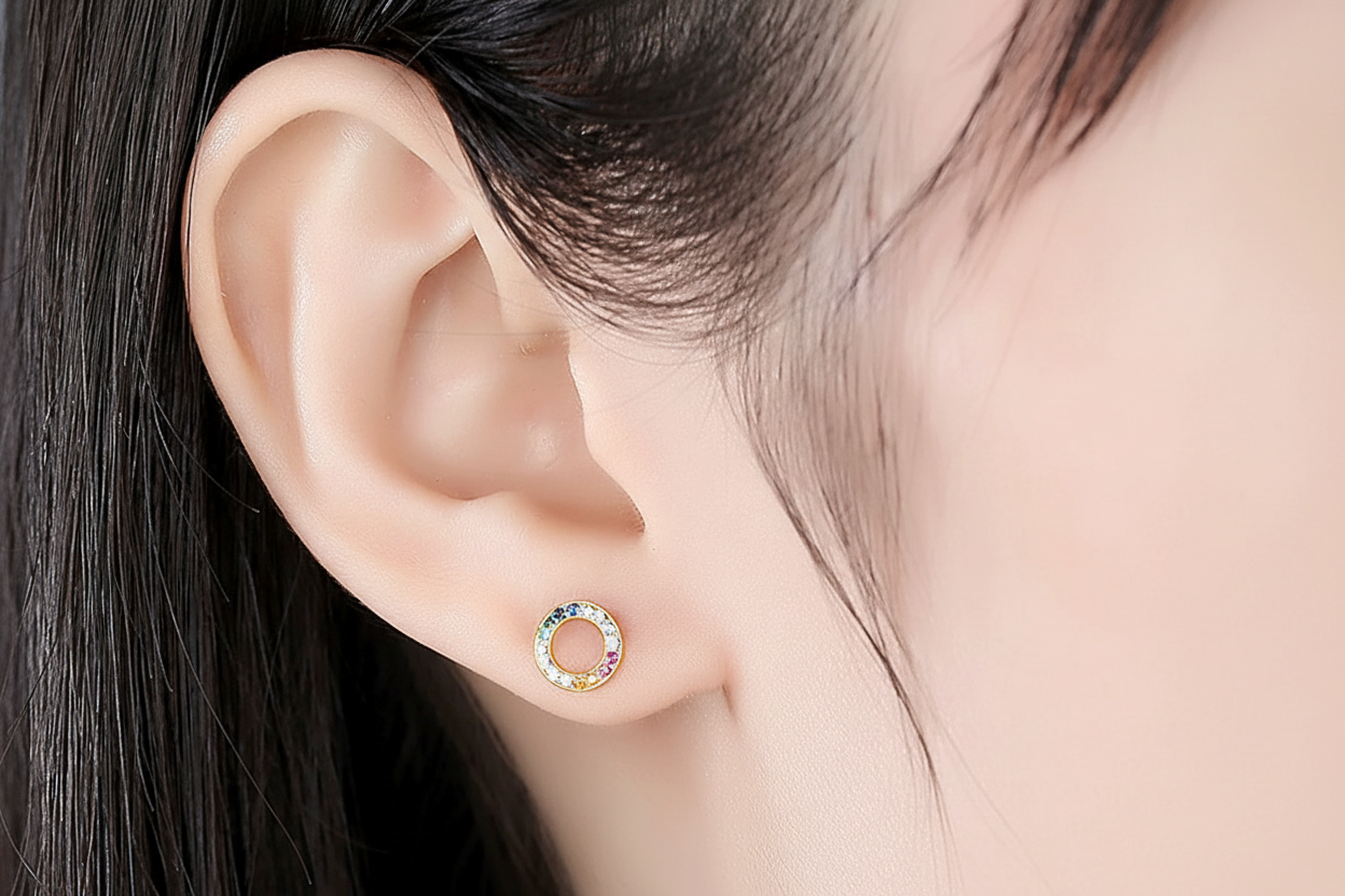 Boucles d'oreilles puces cercle arc en ciel argent massif doré