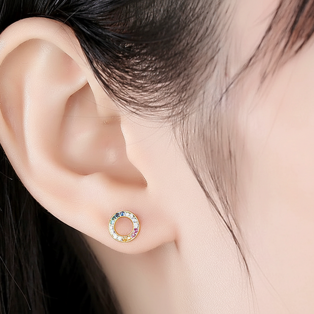 Boucles d'oreilles puces cercle arc en ciel argent massif doré