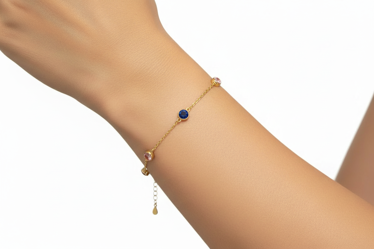 Bracelet argent massif doré & zirconiums géométriques multicolores