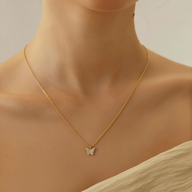 Collier Papillon argent massif doré à l'or fin et moissanites