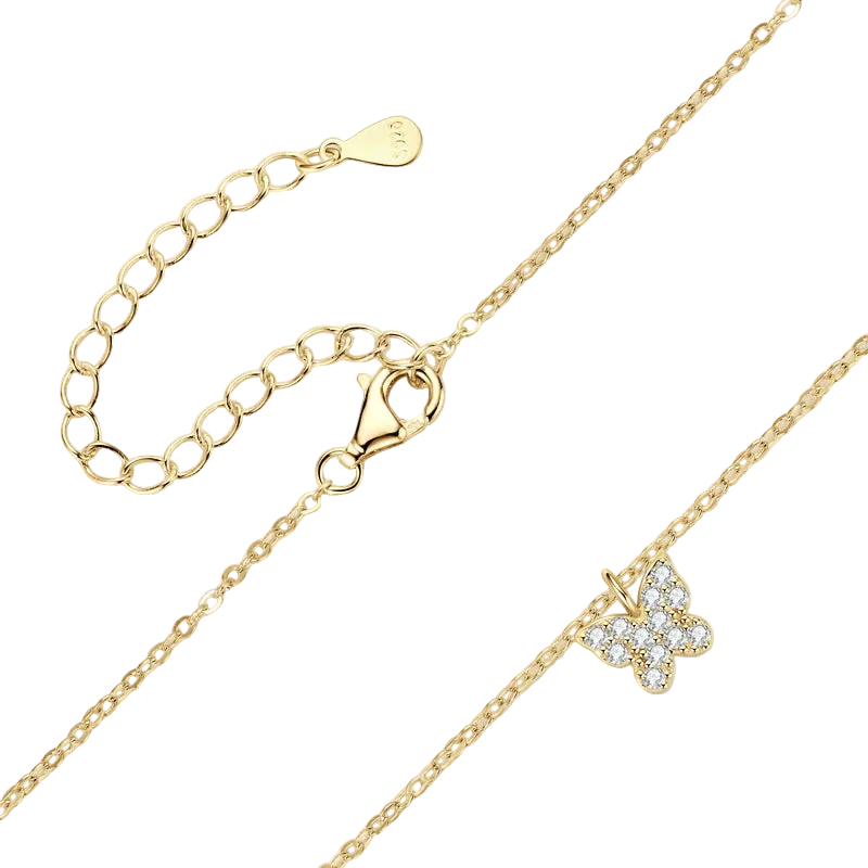 Collier Papillon argent massif doré à l'or fin et moissanites