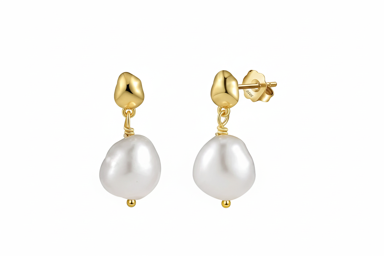 Boucles puces perles naturelles baroques pendantes argent massif doré à l'or fin