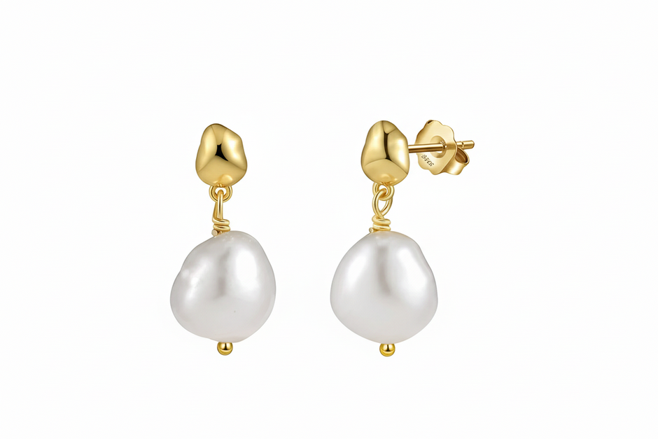 Boucles puces perles naturelles baroques pendantes argent massif doré à l'or fin