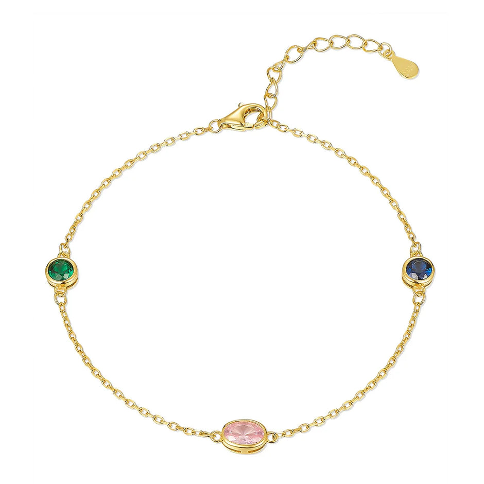 Bracelet argent massif doré zirconiums rose vert bleu