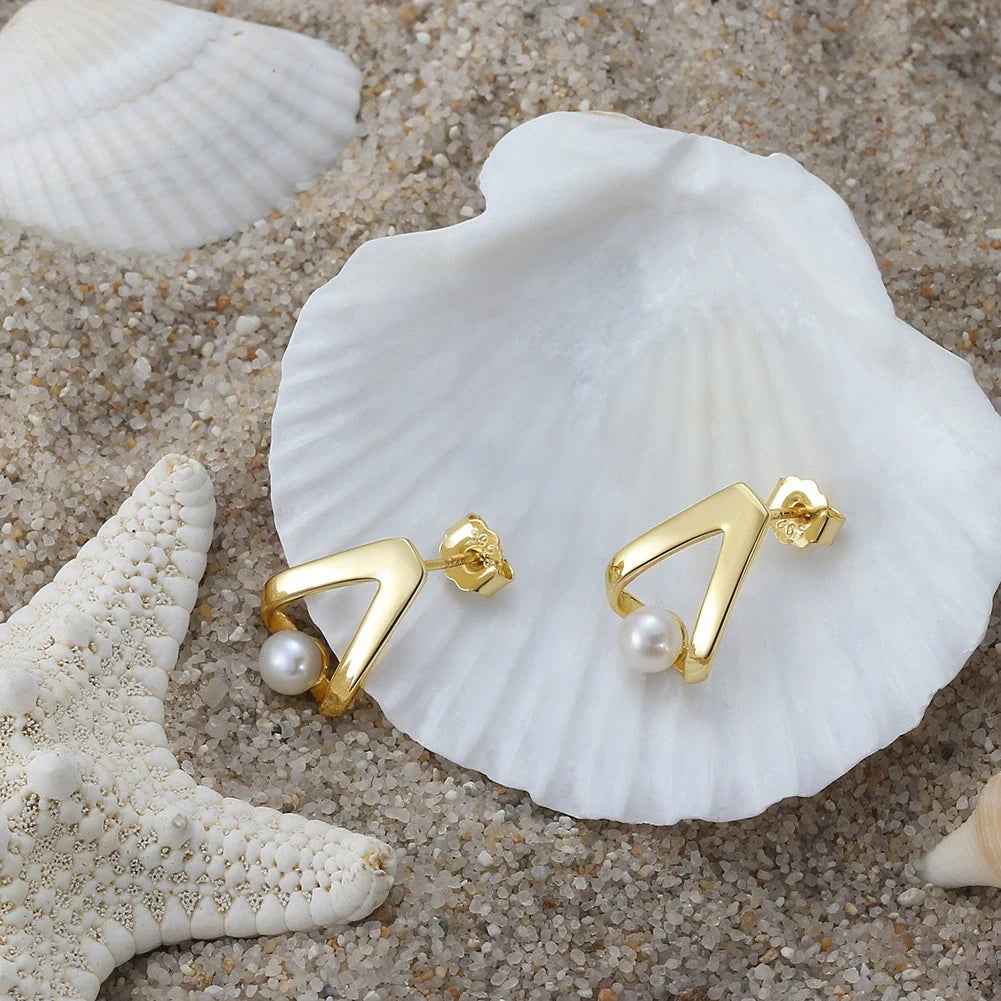 Boucles d'oreilles géométrique argent massif doré & perle naturelle