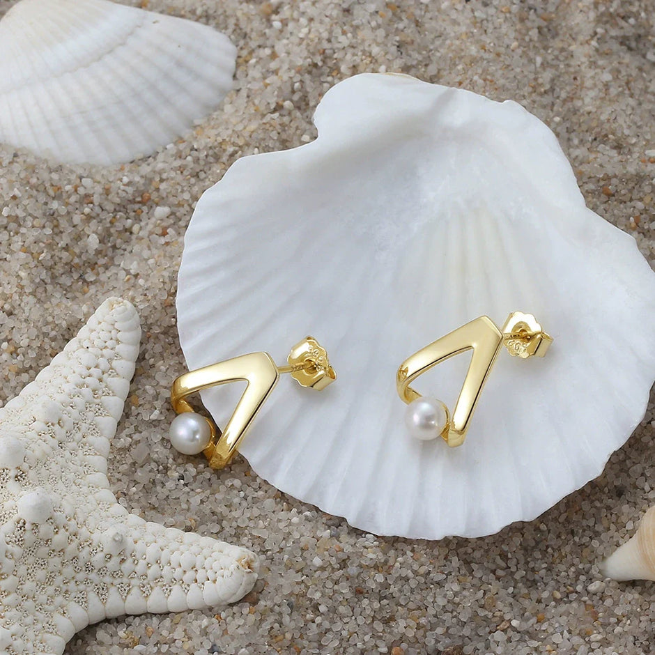 Boucles d'oreilles géométrique argent massif doré & perle naturelle