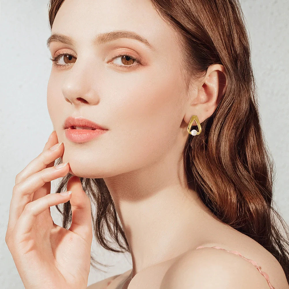 Boucles d'oreilles géométrique argent massif doré & perle naturelle
