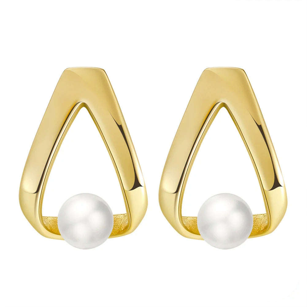 Boucles d'oreilles géométrique argent massif doré & perle naturelle