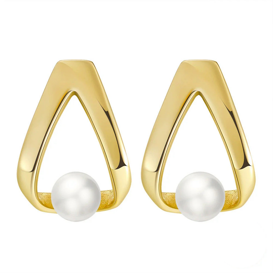 Boucles d'oreilles géométrique argent massif doré & perle naturelle