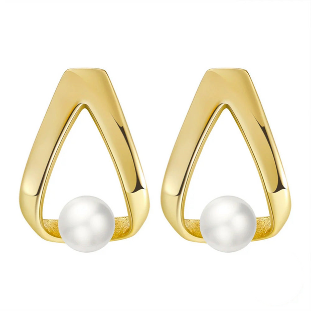 Boucles d'oreilles géométrique argent massif doré & perle naturelle