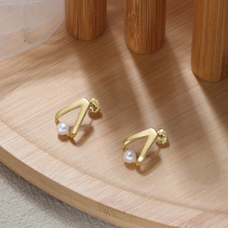 Boucles d'oreilles géométrique argent massif doré & perle naturelle