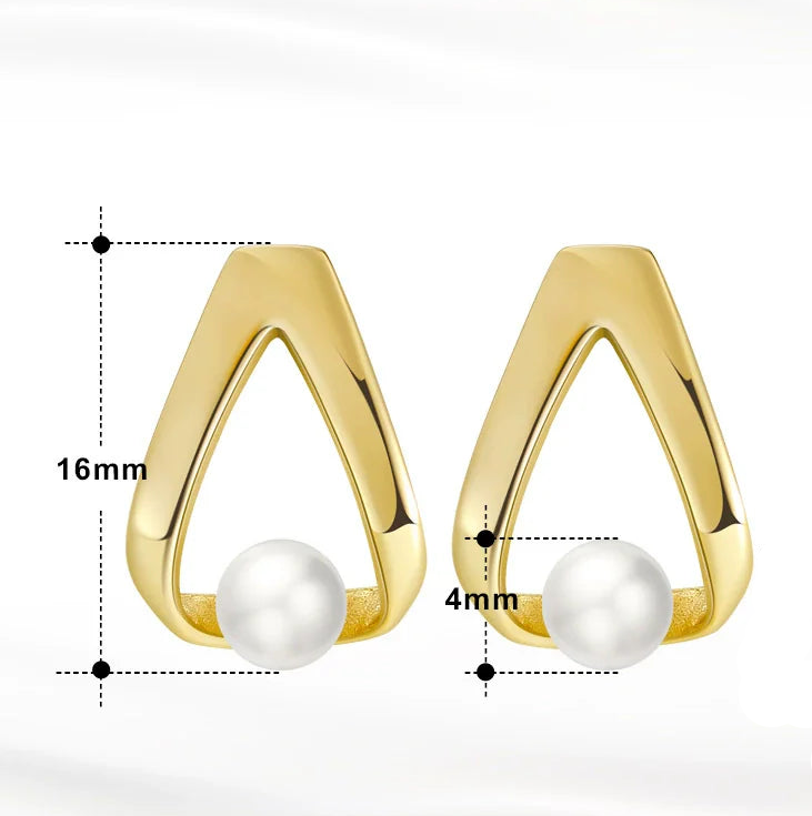 Boucles d'oreilles géométrique argent massif doré & perle naturelle