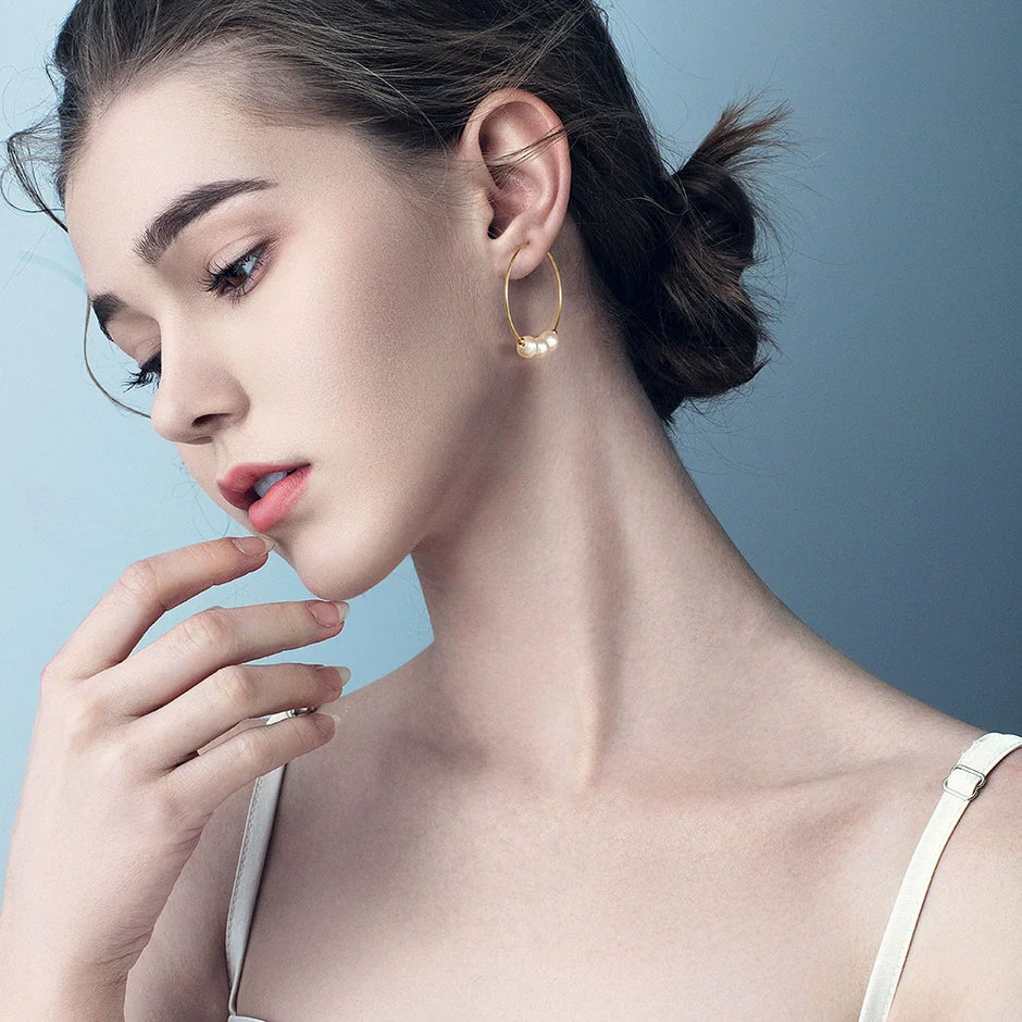 Boucles d'oreilles créoles perles naturelles en argent massif doré à l'or fin