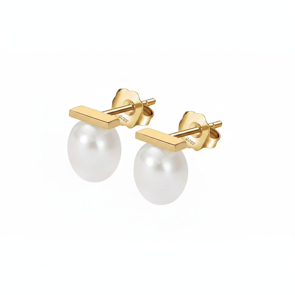 Boucles d'oreilles en argent massif doré à l'or fin, style géométrique, perles baroques naturelles