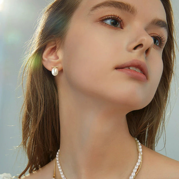 Boucles d'oreilles en argent massif doré à l'or fin, style géométrique, perles baroques naturelles