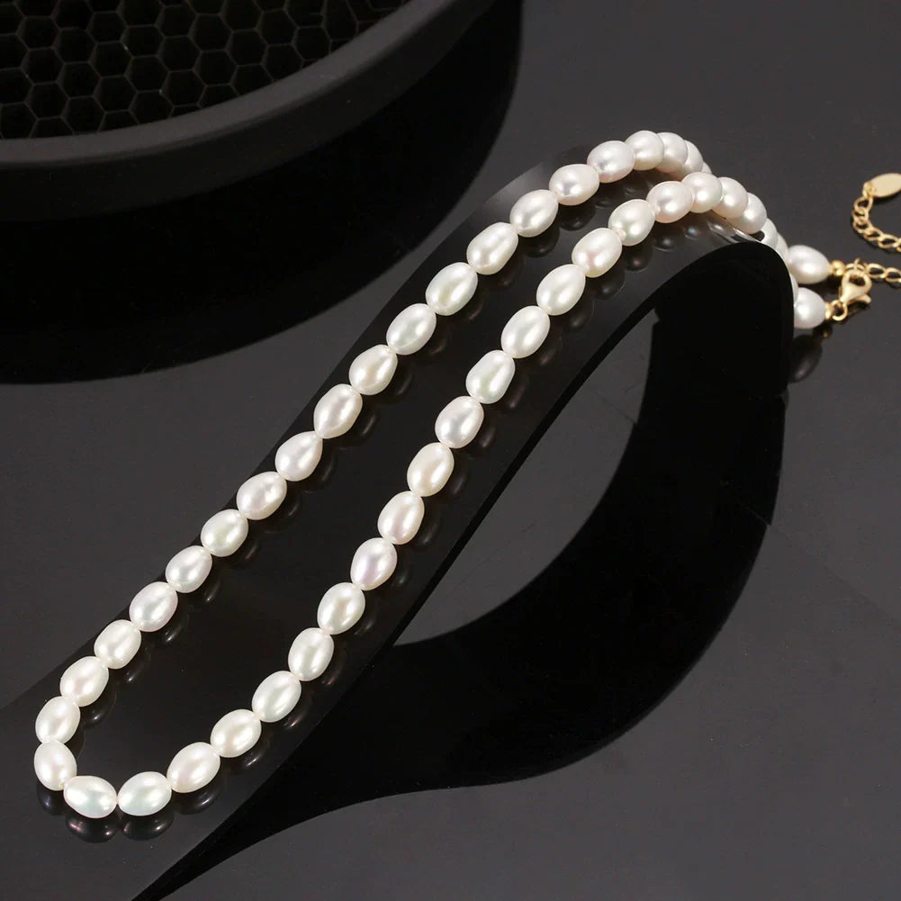 Collier perles naturelles grain de riz en argent massif doré à l'or fin