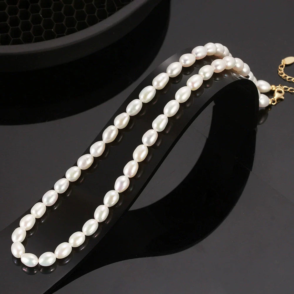 Collier perles naturelles grain de riz en argent massif doré à l'or fin