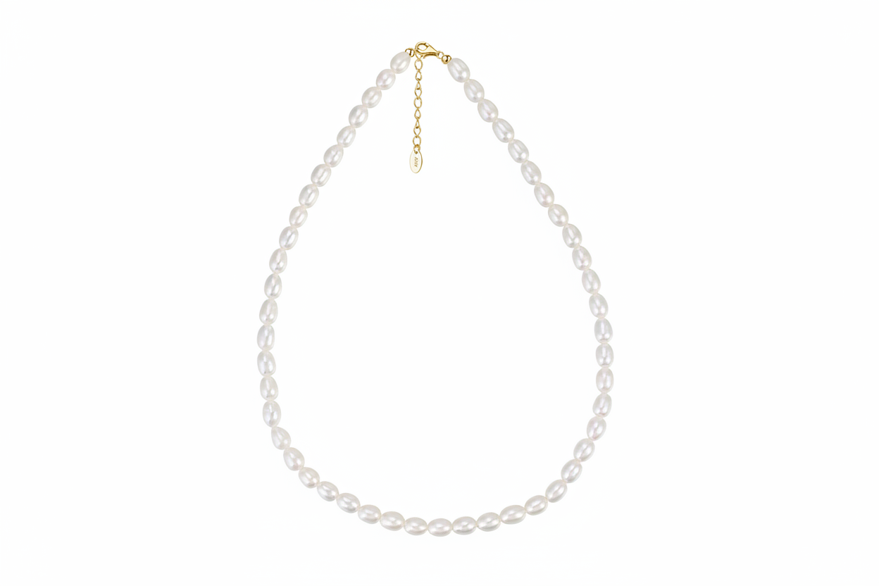 Collier perles naturelles grain de riz en argent massif doré à l'or fin